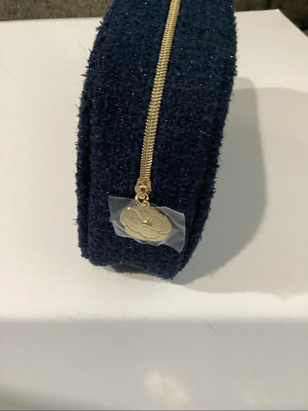 CHANEL Navy Blue Tweed Beaute cosmetic bag with Gold Logo